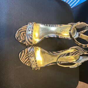 Carlos Santana tan and black zebra striped high heel sandals.  Size 7.5.